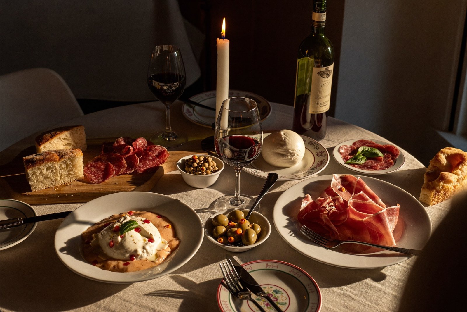 Gedeckter Tisch mit hausgemachten Antipasti, Focaccia und zwei Gläsern Rotwein im warmen Abendlicht